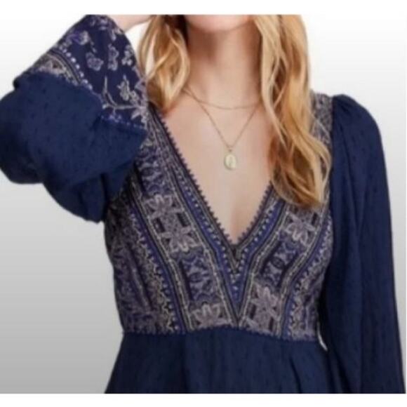 Free People XS Blue V-neck Tunic Mini Dress Sexy Babydoll Flowy Boho Festival - Picture 3 of 16